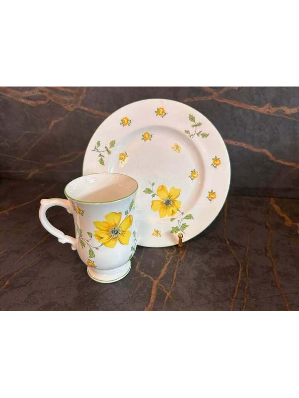 Royal Victoria Fine Bone China England Yellow Floral Mug and Plate Set